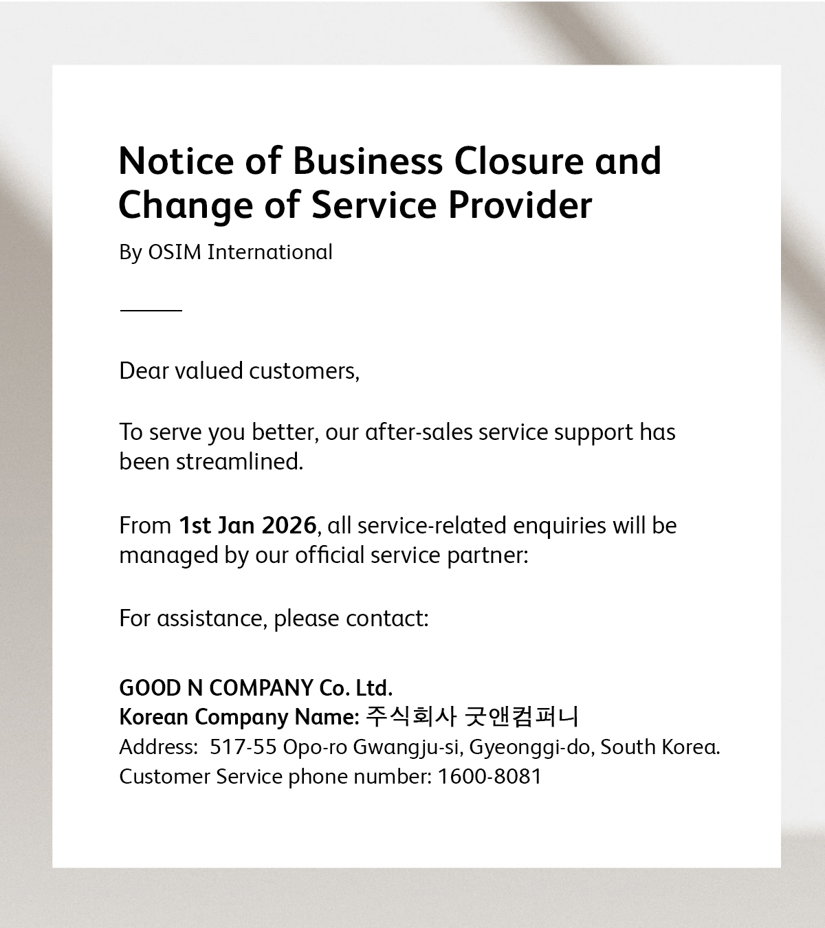 Notice of Business Closure and Change of Service Provider